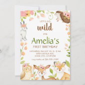 Roze Wilde Bosdieren 1e Verjaardagsuitnodiging Kaart (Voorkant)