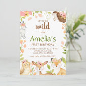 Roze Wilde Bosdieren 1e Verjaardagsuitnodiging Kaart (Staand voorkant)