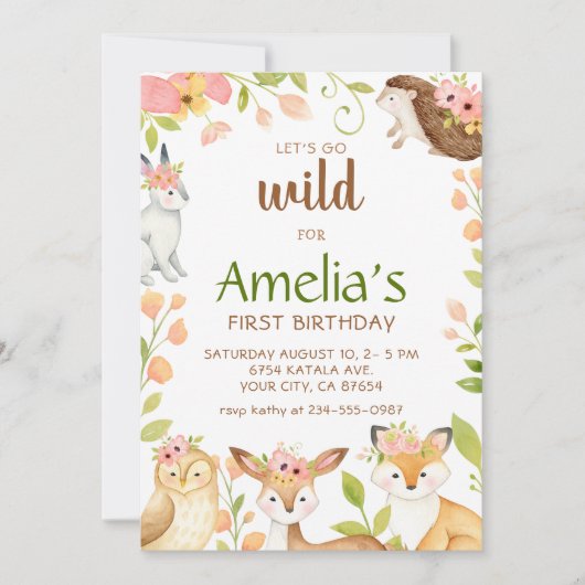 Roze wilde bossen dieren 1e verjaardag uitnodiging (Voorkant)
