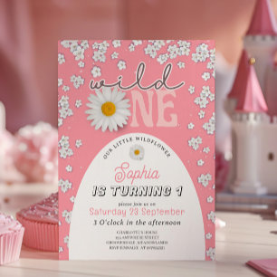 Roze Wilde Eén Madeliefje 1e Verjaardagsuitnodigin Kaart