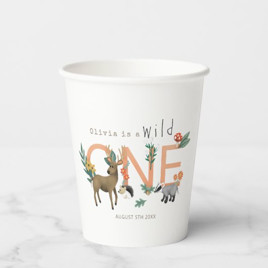Roze Wilde Een Schattige Bos Dieren 1e Verjaardag Papieren Bekers (Achterkant)