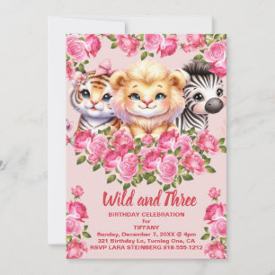 Roze Wilde en 3 Jaar Oude Meisjes Verjaardagsfeest Kaart