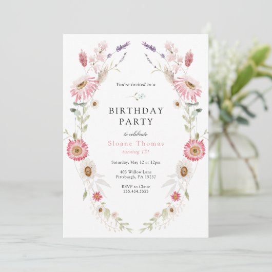 Roze Wilde Meadow Wreatday Birthday Kaart (Staand voorkant)