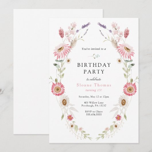 Roze Wilde Meadow Wreatday Birthday Kaart (Voorkant / Achterkant)