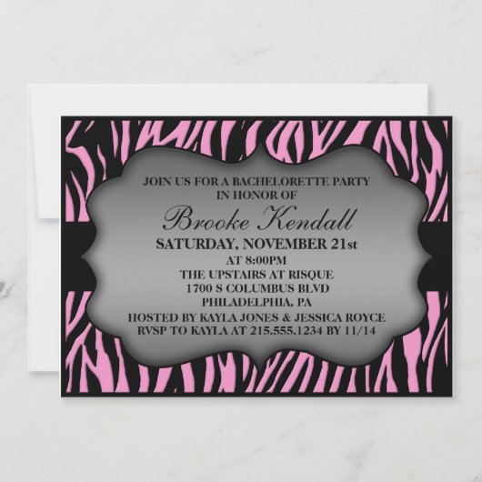 Roze Wilde Night Zebra Print Bachelorette Party Kaart (Voorkant)
