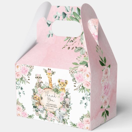 Roze Wilde Oerwoud Safari Dieren Baby Meisje Douch Bedankdoosjes (Voorkant)