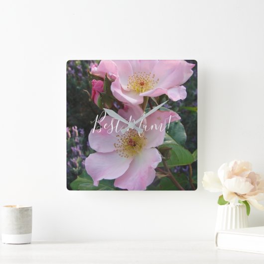 Roze Wilde Roos Bloemfloraal Fotogeman Moederdag Vierkante Klok (Huis)