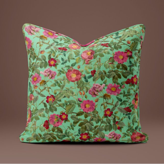 Roze Wilde Roos Kussen in Aqua Mint (Creator heeft geüpload)