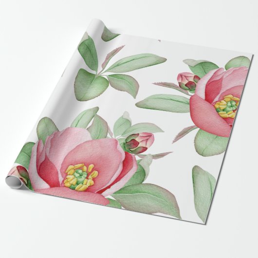 Roze Wilde Roos Waterverf Bloemen Cadeaupapier (Uitgerold)