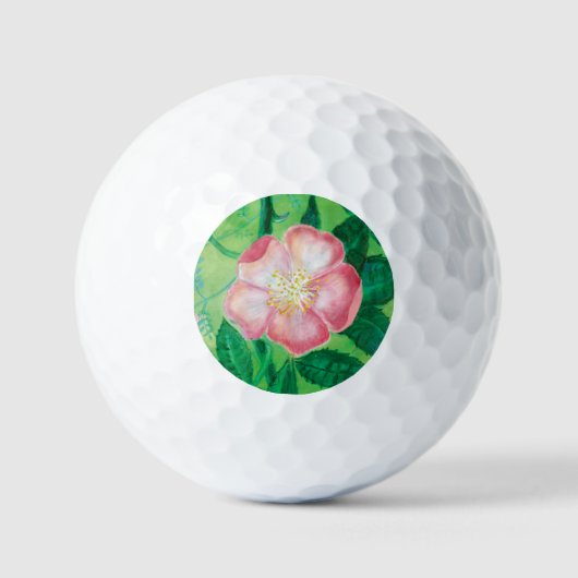 Roze Wilde Rozen Bloemen & Groene bladeren Illustr Golfballen (Voorkant)