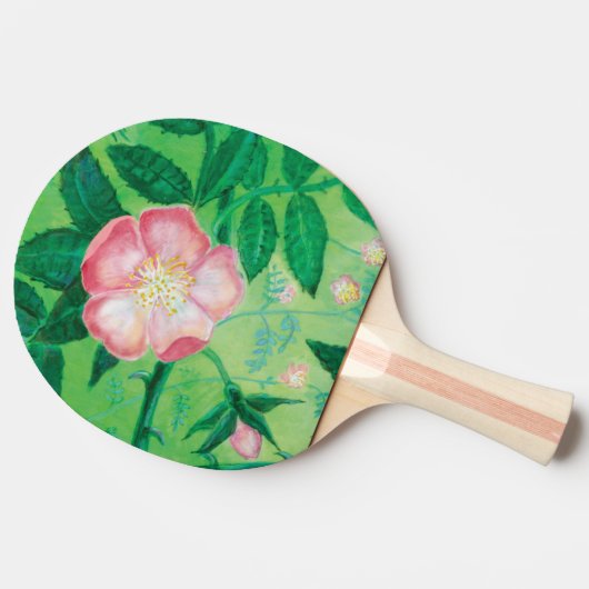 Roze Wilde Rozen Bloemen & Groene bladeren Illustr Tafeltennisbatje (Zijkant)