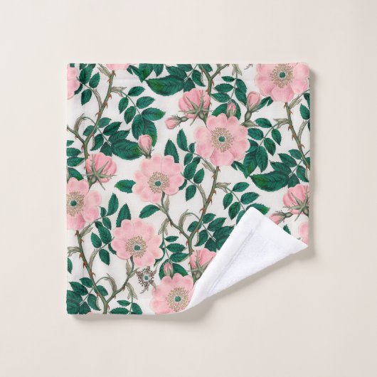 Roze Wilde Rozen Bloemen & Groene bladeren Patroon Bad Handdoek (Wasdoekje)