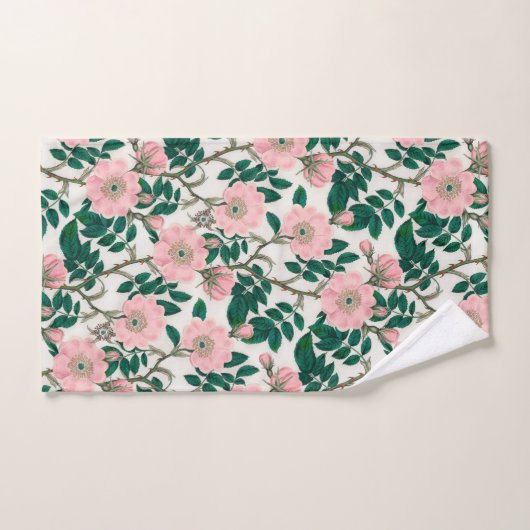 Roze Wilde Rozen Bloemen & Groene bladeren Patroon Bad Handdoek (Handdoek)