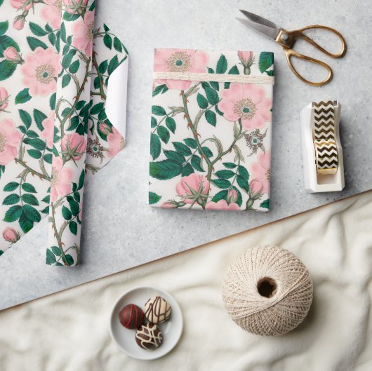 Roze Wilde Rozen Bloemen & Groene bladeren Patroon Cadeaupapier (Crafts)