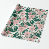 Roze Wilde Rozen Bloemen & Groene bladeren Patroon Cadeaupapier (Uitgerold)