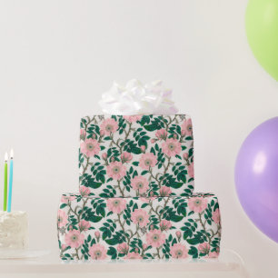 Roze Wilde Rozen Bloemen & Groene bladeren Patroon Cadeaupapier