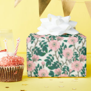 Roze Wilde Rozen Bloemen & Groene bladeren Patroon Cadeaupapier