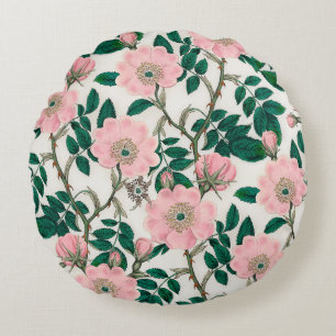 Roze Wilde Rozen Bloemen & Groene bladeren Patroon Rond Kussen