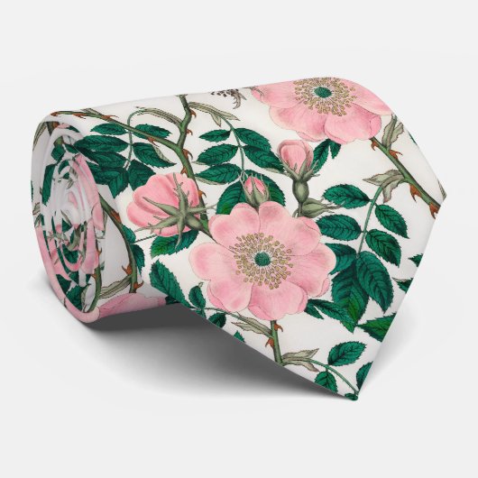 Roze Wilde Rozen Bloemen & Groene bladeren Patroon Stropdas (Opgerold)