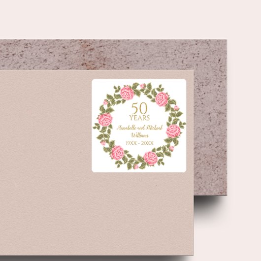 ROZE WILDE ROZEN Floral Garland 50e bruiloft Vierkante Sticker