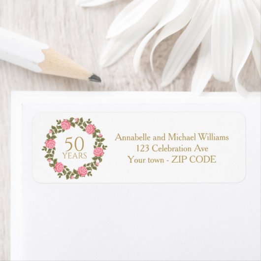 ROZE WILDE ROZEN KRANS 50e trouwadres Etiket (Insitu)