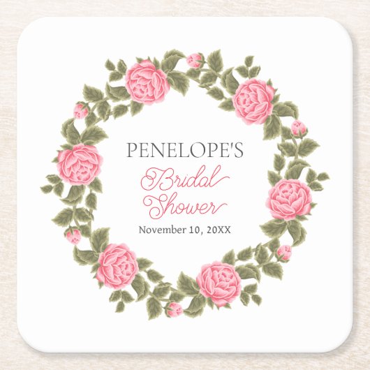  ROZE WILDE ROZEN VRIJGEZELLENFEEST NAAM DATUM KARTONNEN ONDERZETTERS (Voorkant)