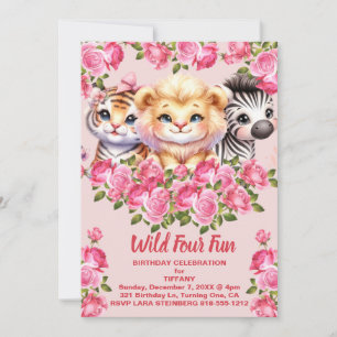 Roze Wilde Vier Leuk 4 Jaar Oude Meisje Verjaardag Kaart