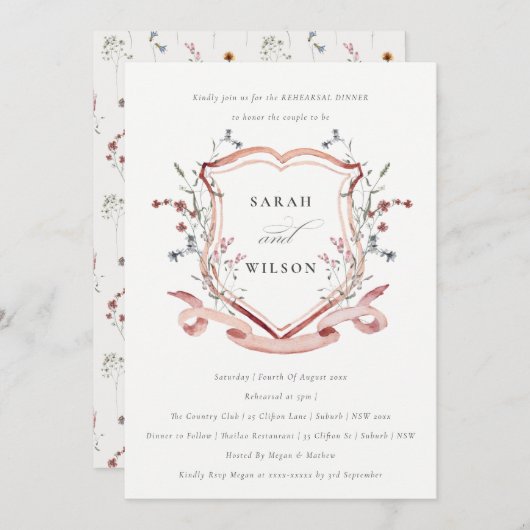 Roze Wilde Waterverf Crest Rehearsal Dinner Kaart (Voorkant / Achterkant)
