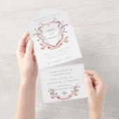 Roze Wilde Waterverf Monogram Crest Weddenschap All In One Uitnodiging (Afscheurbaar)