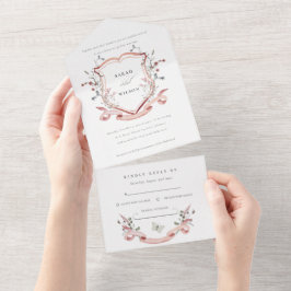 Roze Wilde Waterverf Monogram Crest Weddenschap All In One Uitnodiging