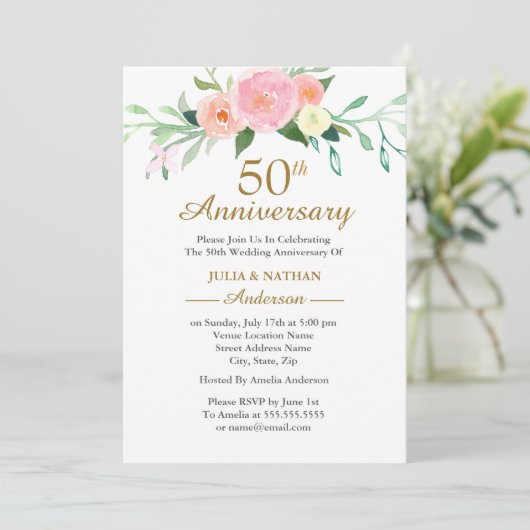 Roze Wildflow Waterverf 50ste Huwelijksverjaardag Kaart (Staand voorkant)