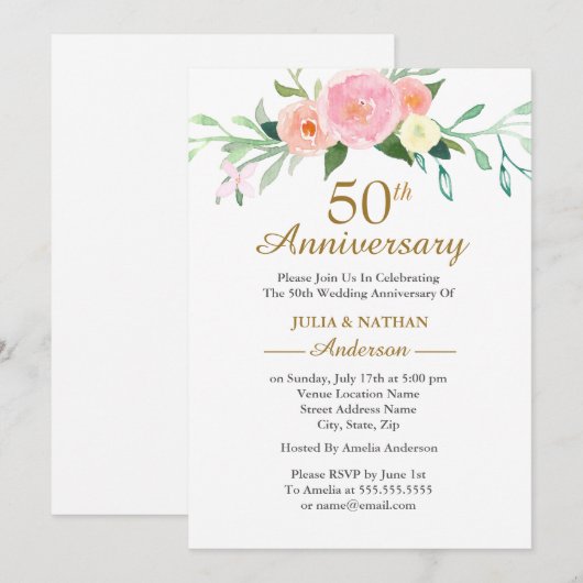 Roze Wildflow Waterverf 50ste Huwelijksverjaardag Kaart (Voorkant / Achterkant)