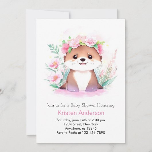 Roze Wildflower Adventure Otter Meisje Baby shower Kaart (Voorkant)