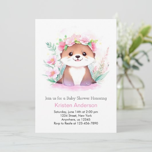 Roze Wildflower Adventure Otter Meisje Baby shower Kaart (Staand voorkant)