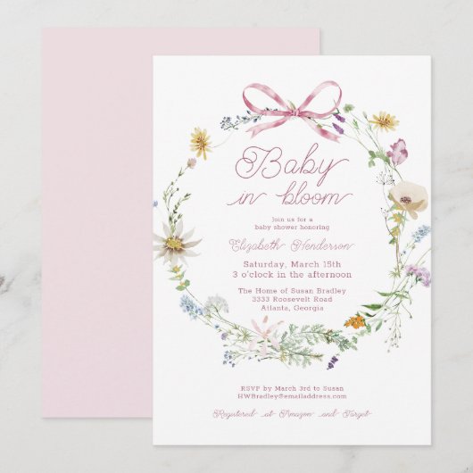 Roze Wildflower Baby in Bloom Baby shower Kaart (Voorkant / Achterkant)