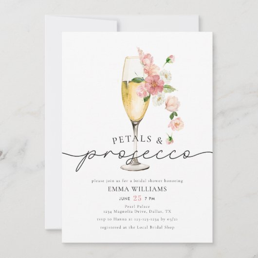 Roze Wildflower bloemblaadjes en Prosecco Vrijgeze Kaart (Voorkant)