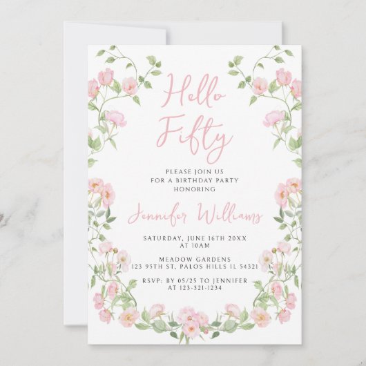 Roze Wildflower Bloemen Boho 50ste verjaardag Kaart (Voorkant)