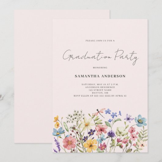 Roze Wildflower Bloemen Graduation Party Kaart (Voorkant / Achterkant)