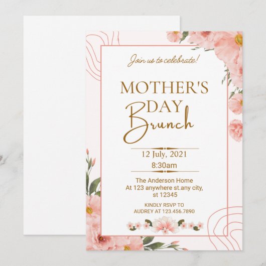 Roze Wildflower Bloemen Moederdag Brunch Kaart (Voorkant / Achterkant)