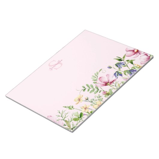 Roze Wildflower Bloemen Monogram Notitieblok (Schuin)