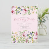 Roze Wildflower Bloemen Verjaardag Uitnodiging (Staand voorkant)