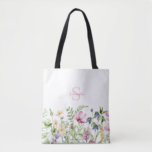 Roze Wildflower Bloemmonogram Tote Bag (Voorkant)