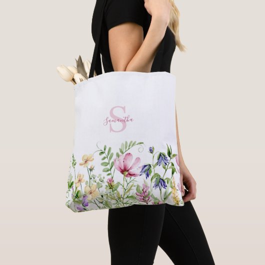 Roze Wildflower Bloemmonogram Tote Bag (Dichtbij)