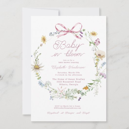 Roze Wildflower Bow Baby in Bloom Baby shower Kaart (Voorkant)