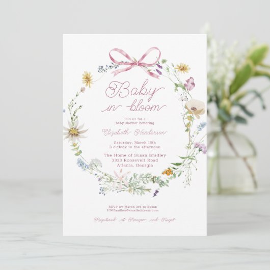 Roze Wildflower Bow Baby in Bloom Baby shower Kaart (Staand voorkant)