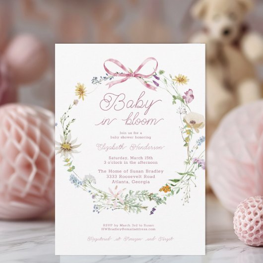 Roze Wildflower Bow Baby in Bloom Baby shower Kaart
