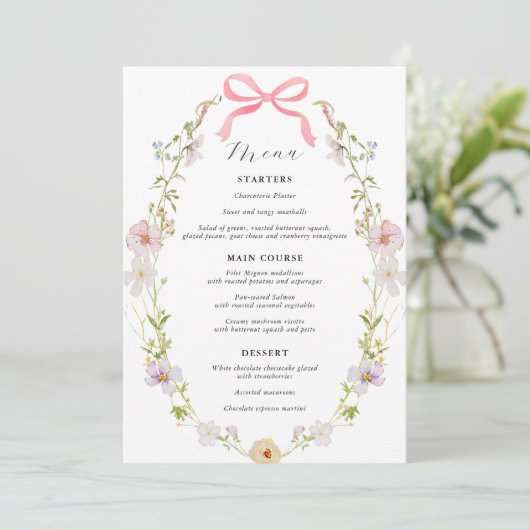 Roze Wildflower Bow Baby shower Menu (Staand voorkant)