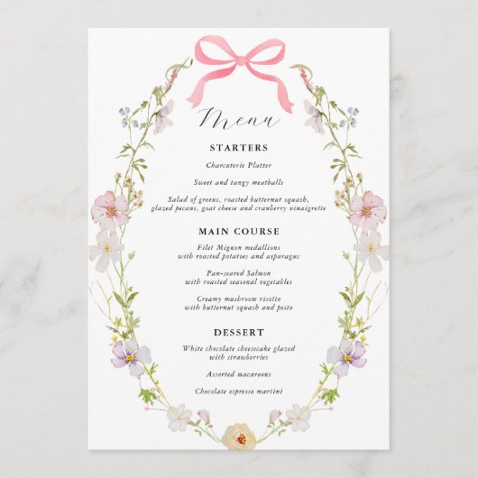 Roze Wildflower Bow Baby shower Menu (Voorkant)
