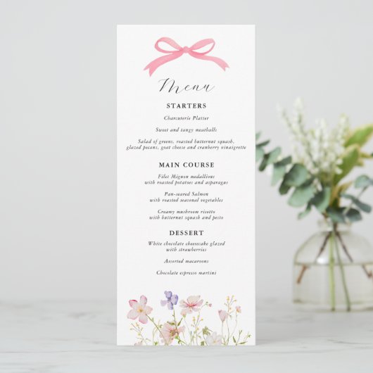 Roze Wildflower Bow Baby shower Menu Kaart (Staand voorkant)