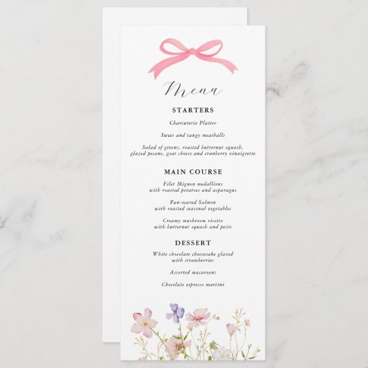 Roze Wildflower Bow Baby shower Menu Kaart (Voorkant / Achterkant)